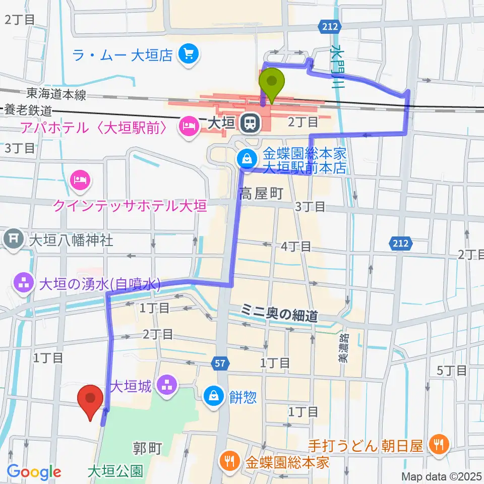 大垣市郷土館の最寄駅大垣駅からの徒歩ルート（約12分）地図