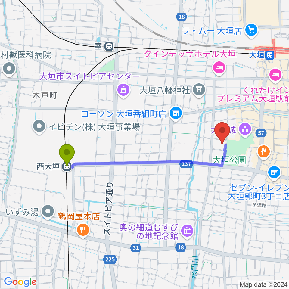 西大垣駅から大垣市郷土館へのルートマップ地図