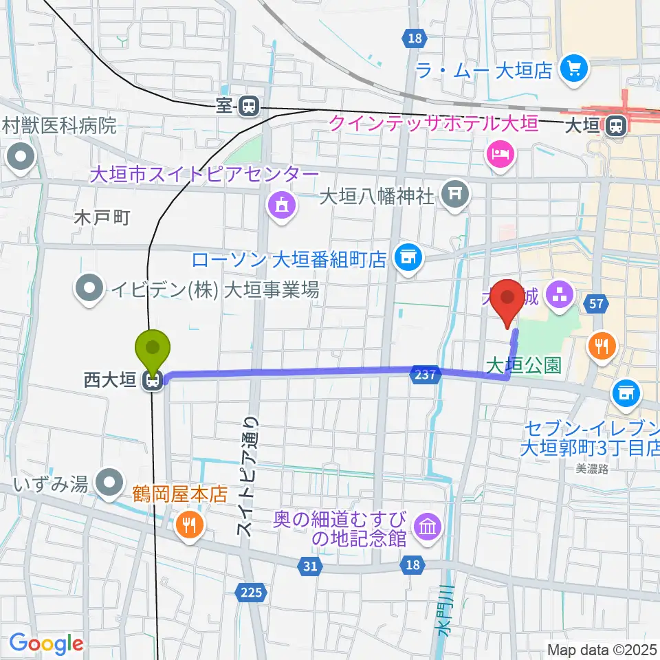 西大垣駅から大垣市郷土館へのルートマップ地図