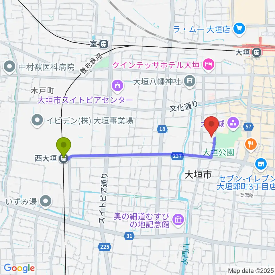 西大垣駅から大垣市郷土館へのルートマップ地図