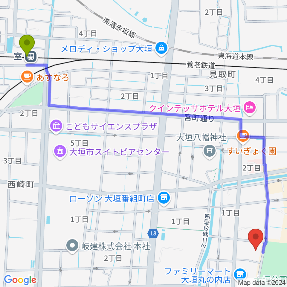 室駅から大垣市郷土館へのルートマップ地図