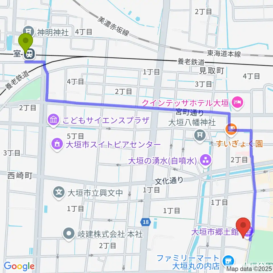 室駅から大垣市郷土館へのルートマップ地図