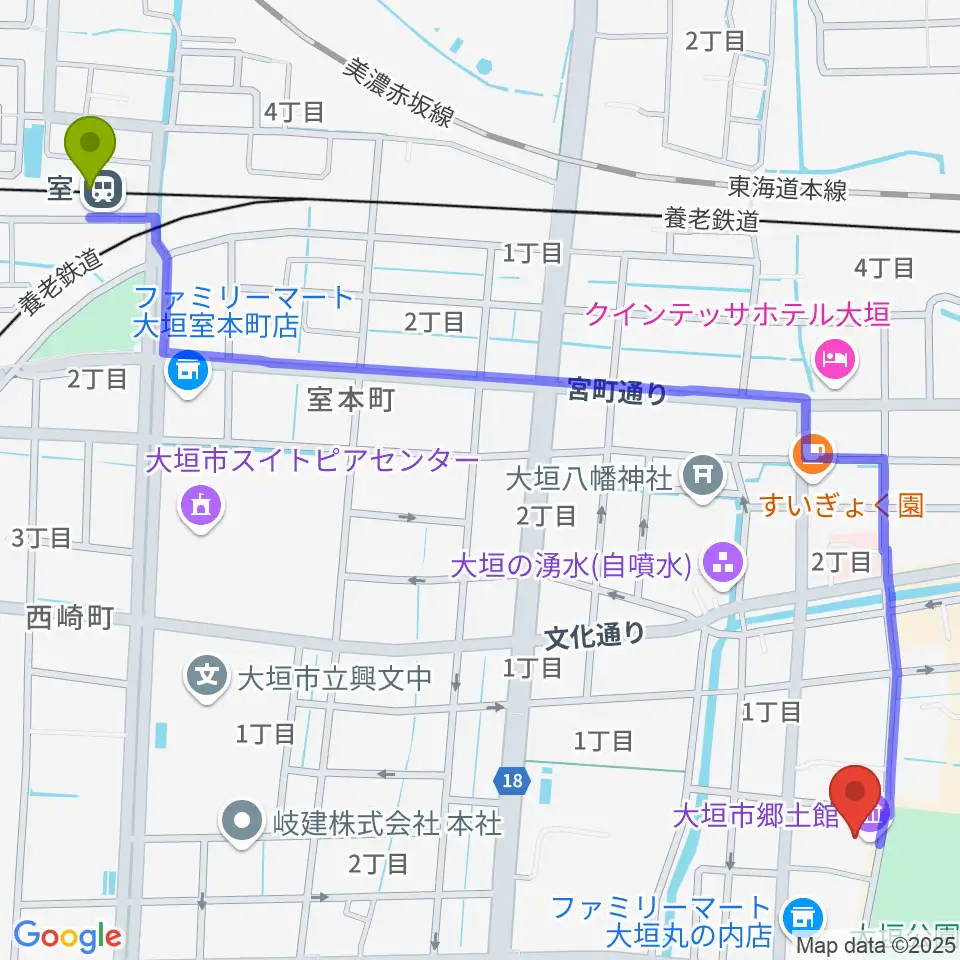室駅から大垣市郷土館へのルートマップ地図
