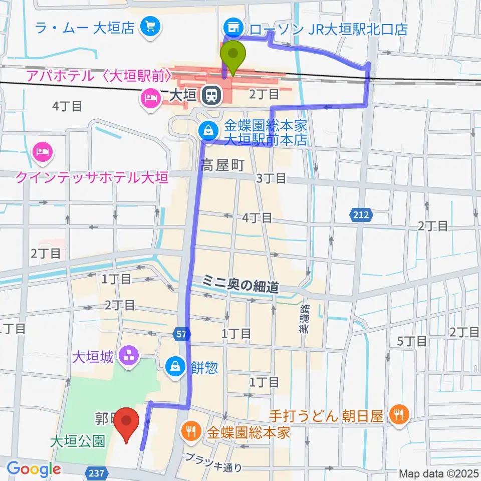 大垣城ホールの最寄駅大垣駅からの徒歩ルート（約12分）地図