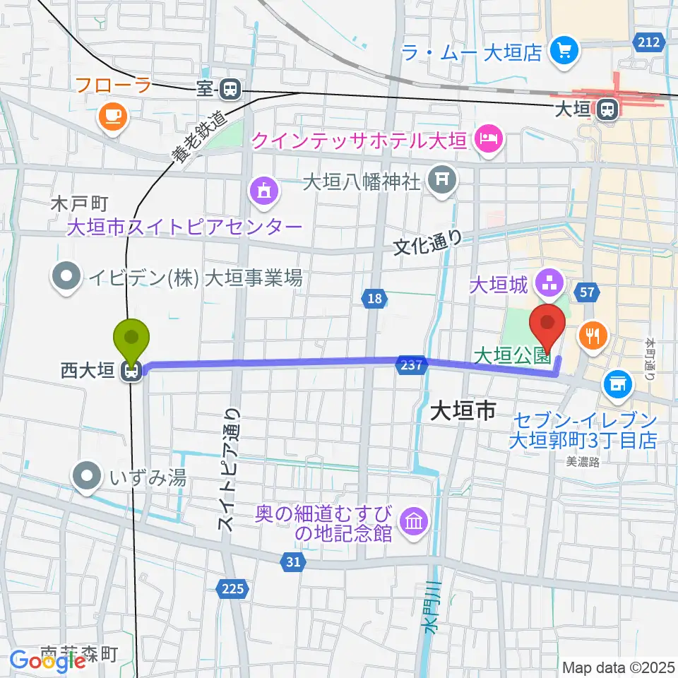 西大垣駅から大垣城ホールへのルートマップ地図