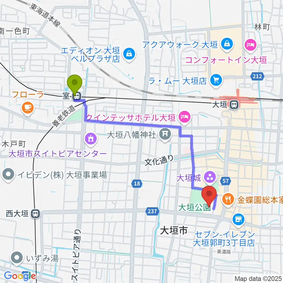 室駅から大垣城ホールへのルートマップ地図
