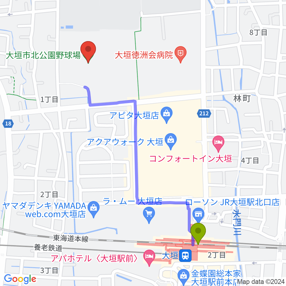 大垣市北公園野球場の最寄駅大垣駅からの徒歩ルート（約12分）地図