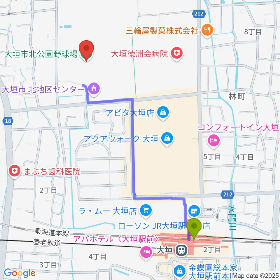 大垣市北公園野球場の最寄駅大垣駅からの徒歩ルート（約12分）地図