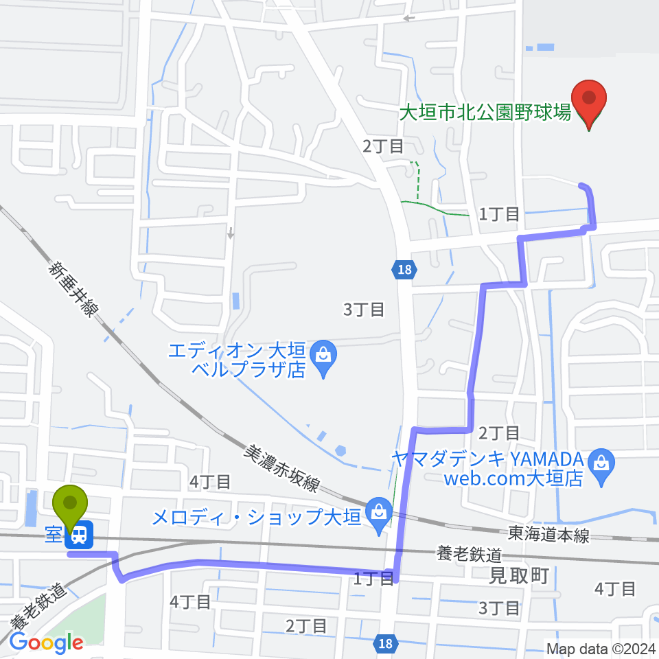 室駅から大垣市北公園野球場へのルートマップ地図