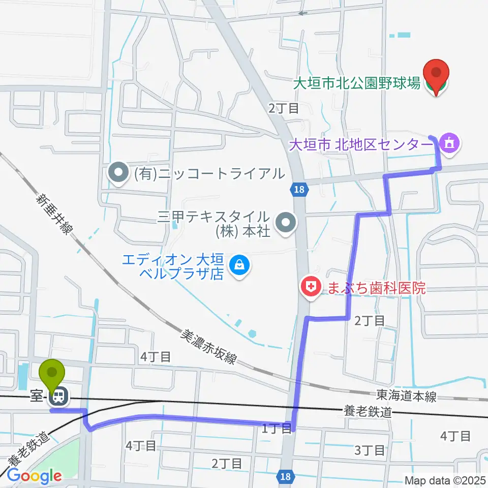 室駅から大垣市北公園野球場へのルートマップ地図