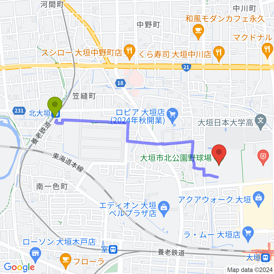 北大垣駅から大垣市北公園野球場へのルートマップ地図