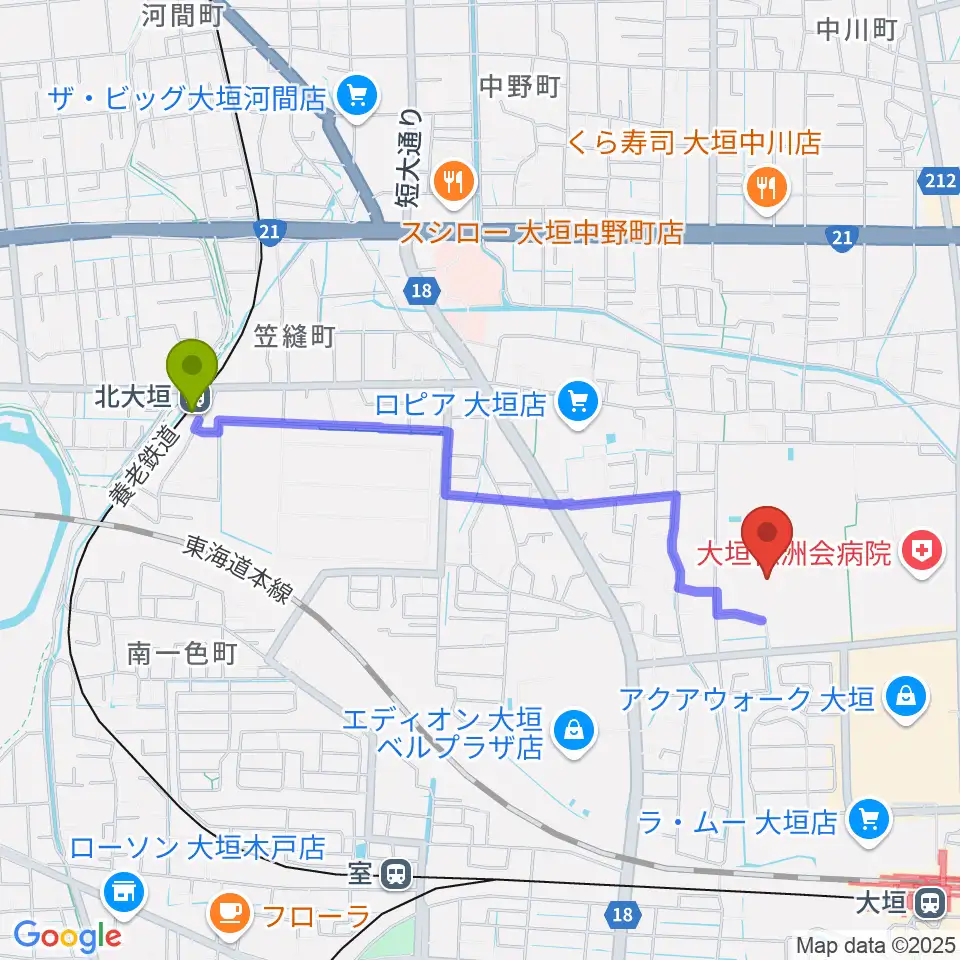 北大垣駅から大垣市北公園野球場へのルートマップ地図