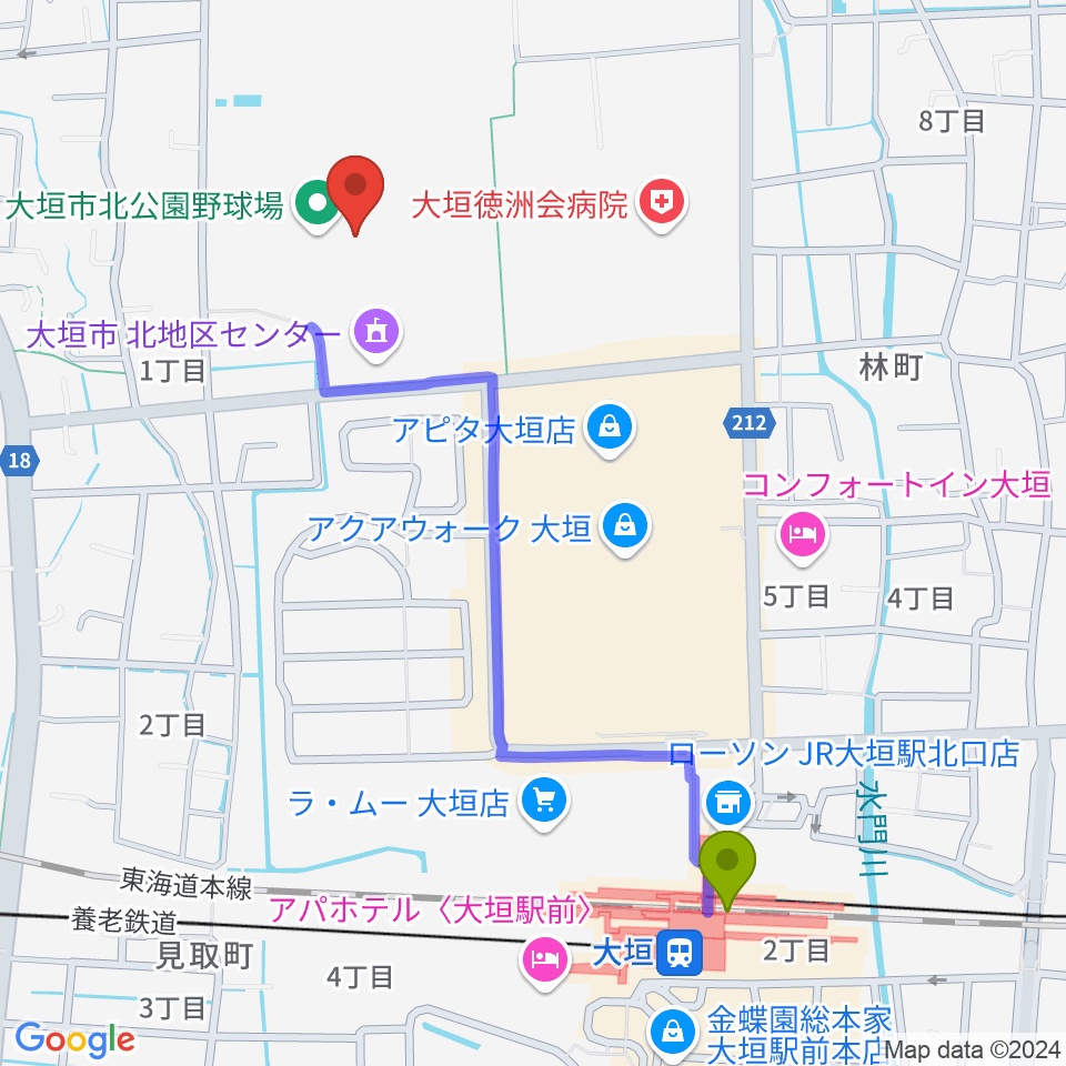 大垣市北公園陸上競技場の最寄駅大垣駅からの徒歩ルート（約11分）地図