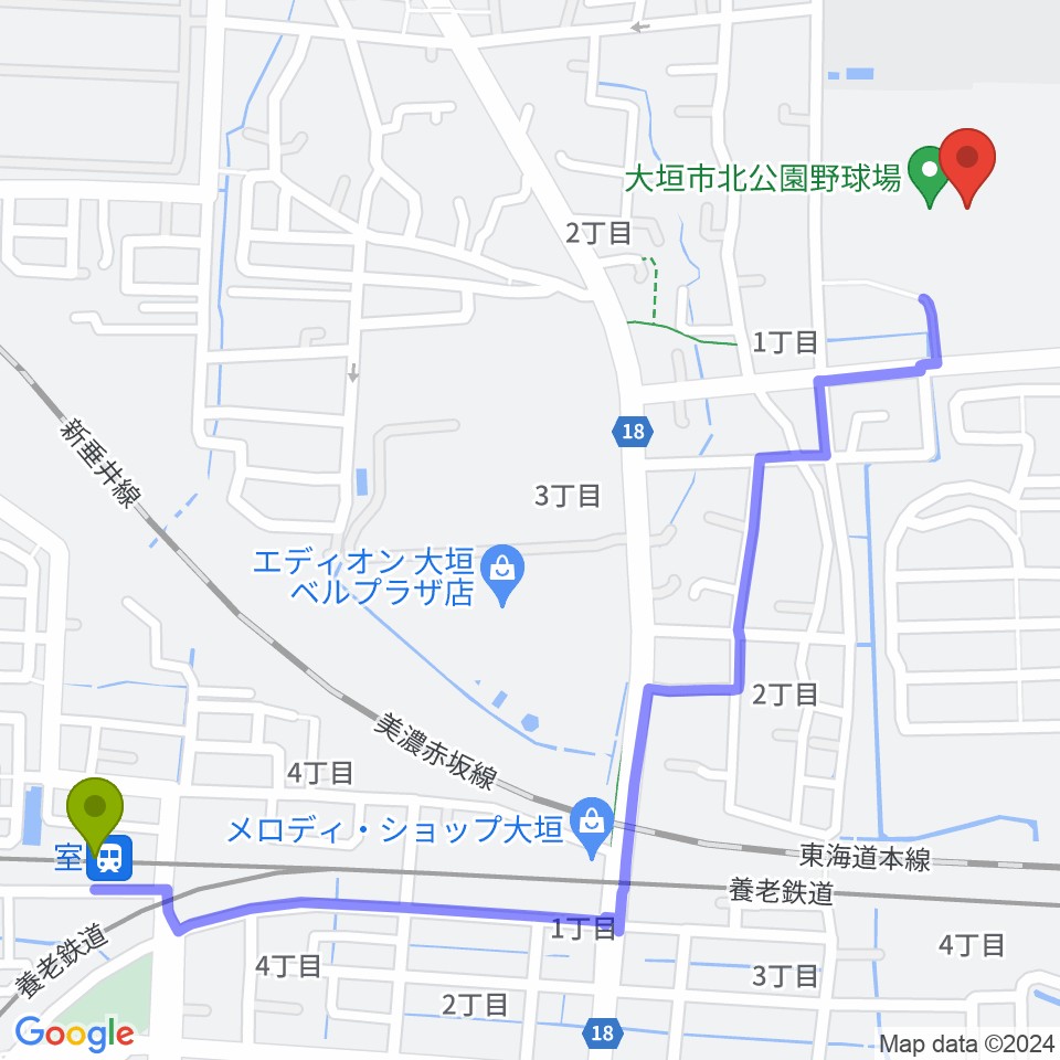 室駅から大垣市北公園陸上競技場へのルートマップ地図