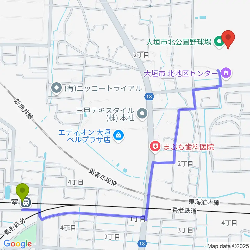 室駅から大垣市北公園陸上競技場へのルートマップ地図