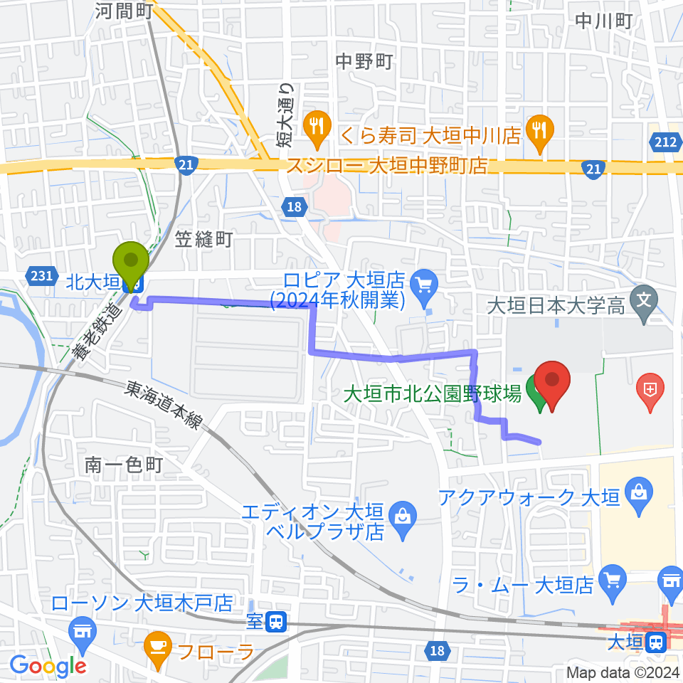 北大垣駅から大垣市北公園陸上競技場へのルートマップ地図