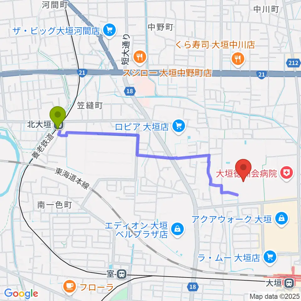 北大垣駅から大垣市北公園陸上競技場へのルートマップ地図
