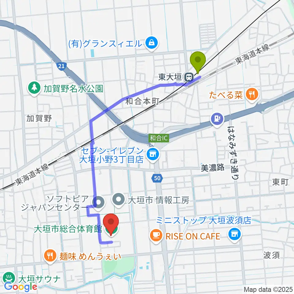 大垣市総合体育館の最寄駅東大垣駅からの徒歩ルート（約19分）地図