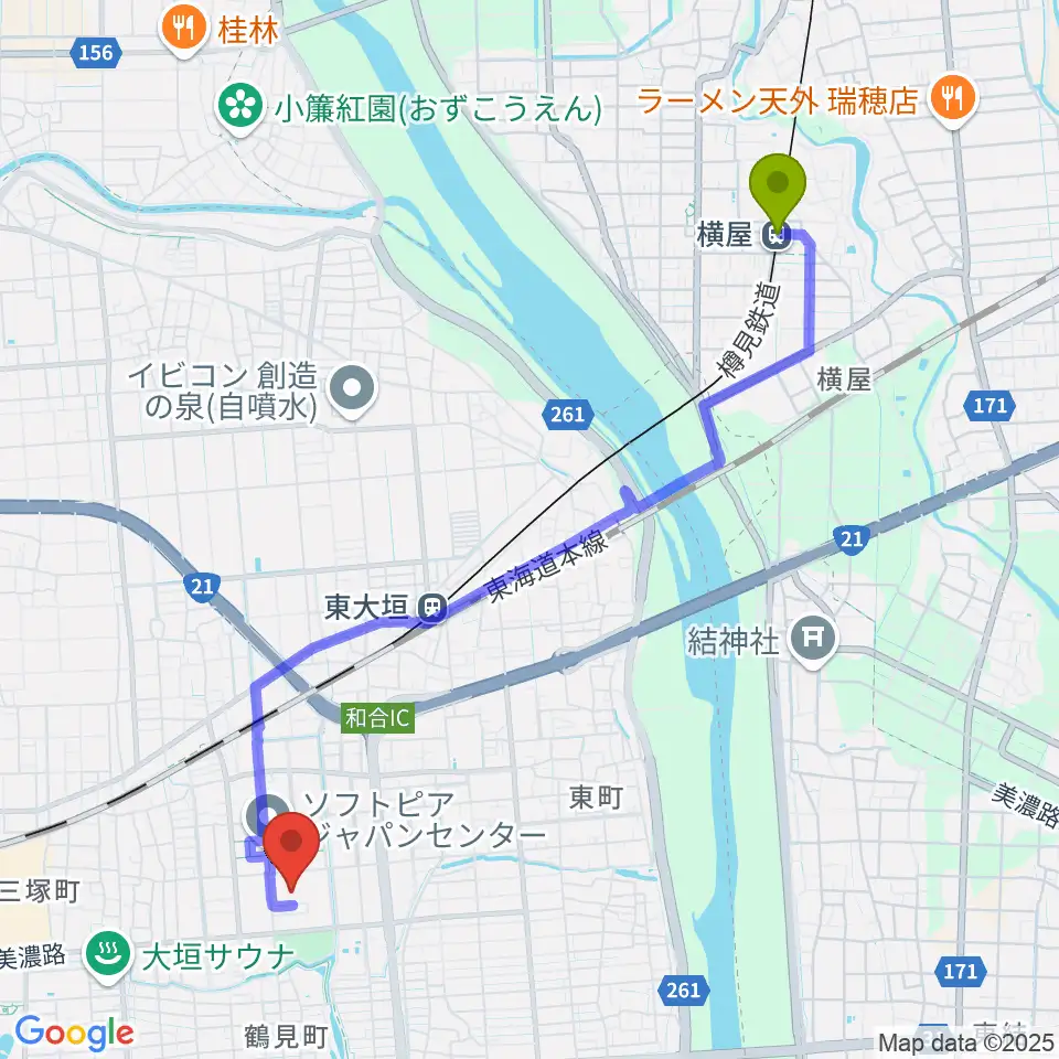 横屋駅から大垣市総合体育館へのルートマップ地図