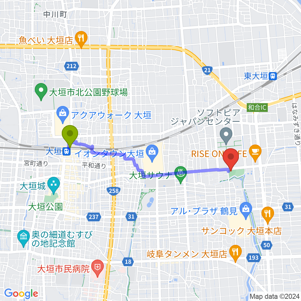 大垣駅から三城公園ソフトボール場へのルートマップ地図