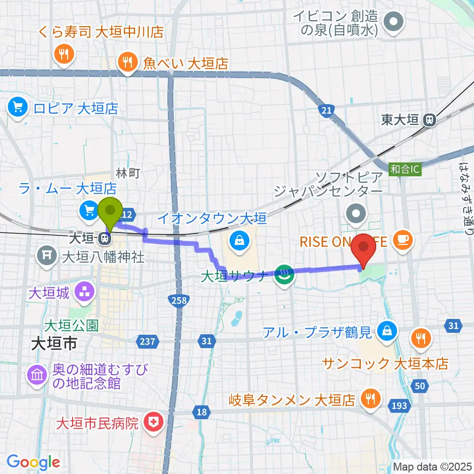 大垣駅から三城公園ソフトボール場へのルートマップ地図