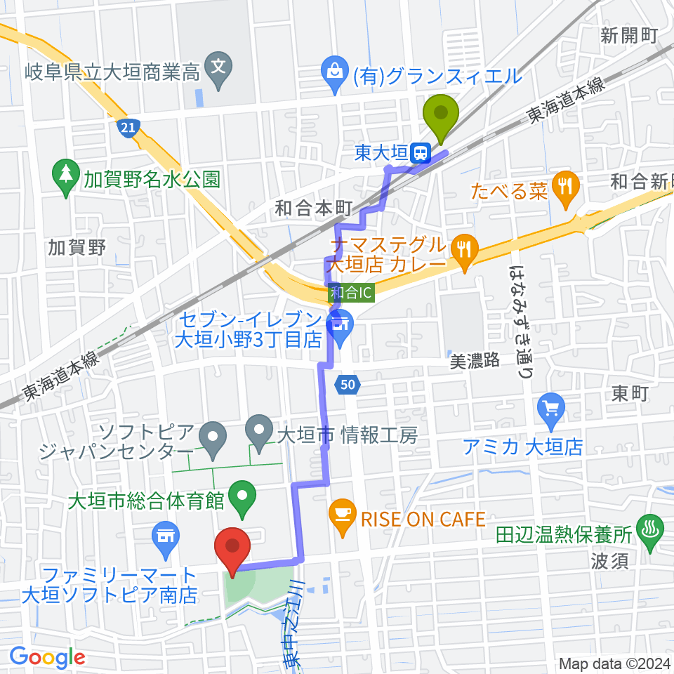 三城公園ソフトボール場の最寄駅東大垣駅からの徒歩ルート（約22分）地図