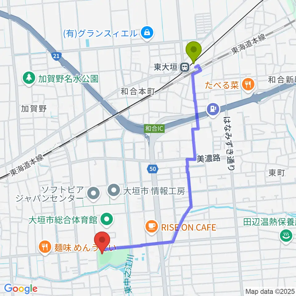 三城公園ソフトボール場の最寄駅東大垣駅からの徒歩ルート（約22分）地図