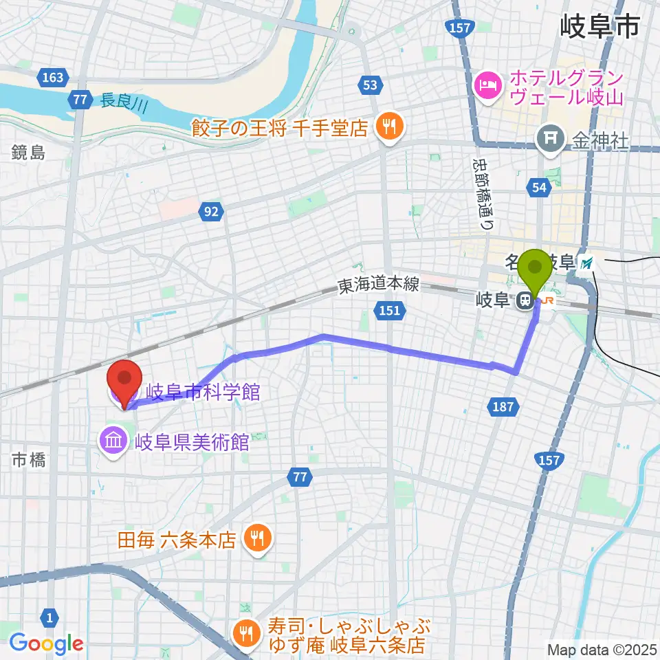 岐阜駅から岐阜市科学館へのルートマップ地図