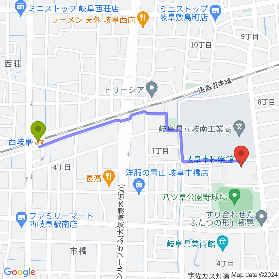 岐阜市科学館の最寄駅西岐阜駅からの徒歩ルート（約11分）地図