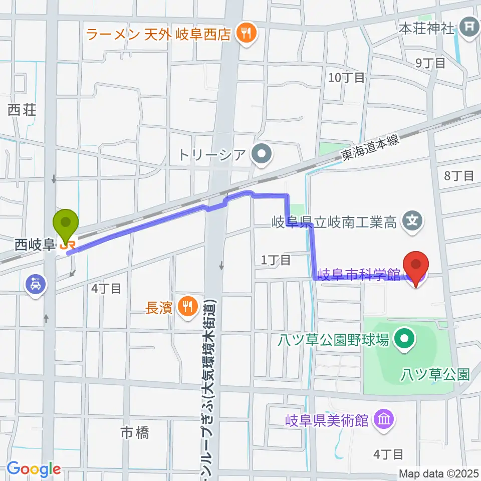岐阜市科学館の最寄駅西岐阜駅からの徒歩ルート（約11分）地図