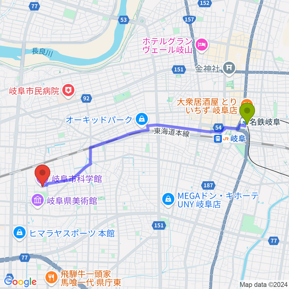 名鉄岐阜駅から岐阜市科学館へのルートマップ地図