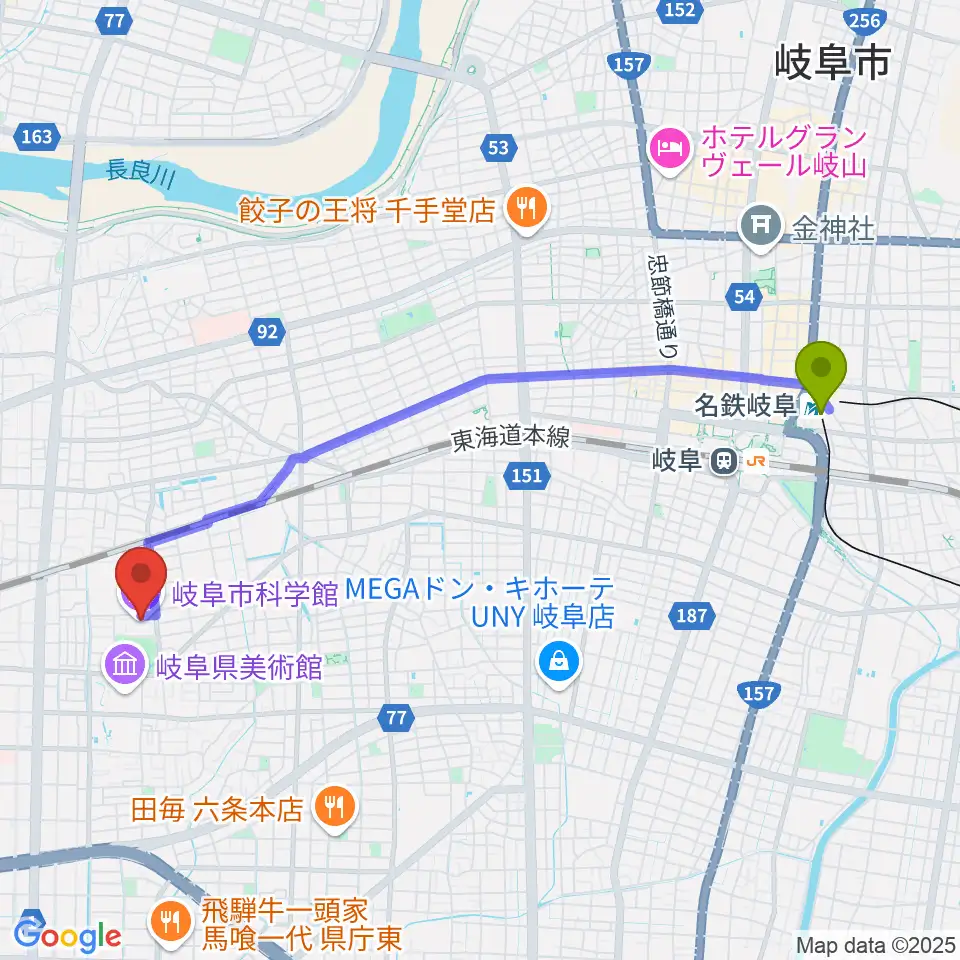 名鉄岐阜駅から岐阜市科学館へのルートマップ地図
