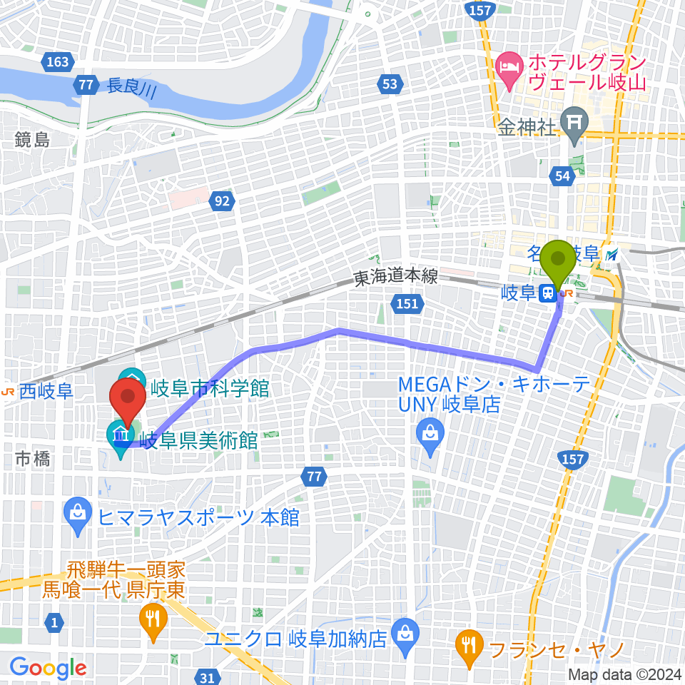 岐阜駅から八ツ草公園野球場へのルートマップ地図