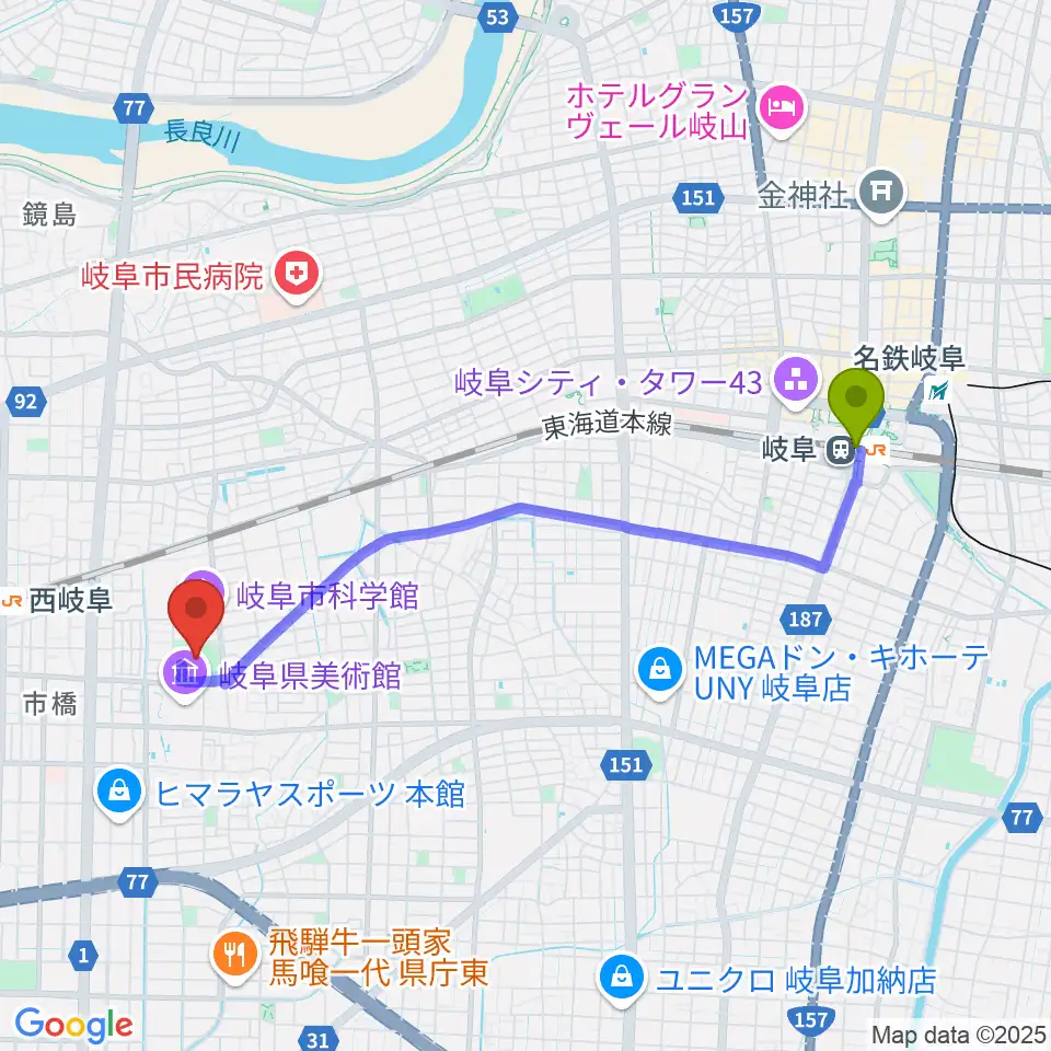 岐阜駅から八ツ草公園野球場へのルートマップ地図