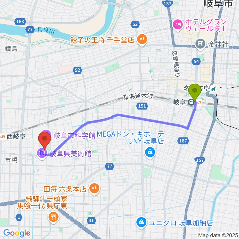 岐阜駅から八ツ草公園野球場へのルートマップ地図