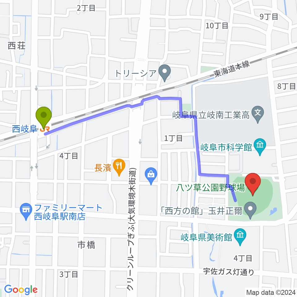 八ツ草公園野球場の最寄駅西岐阜駅からの徒歩ルート（約12分）地図