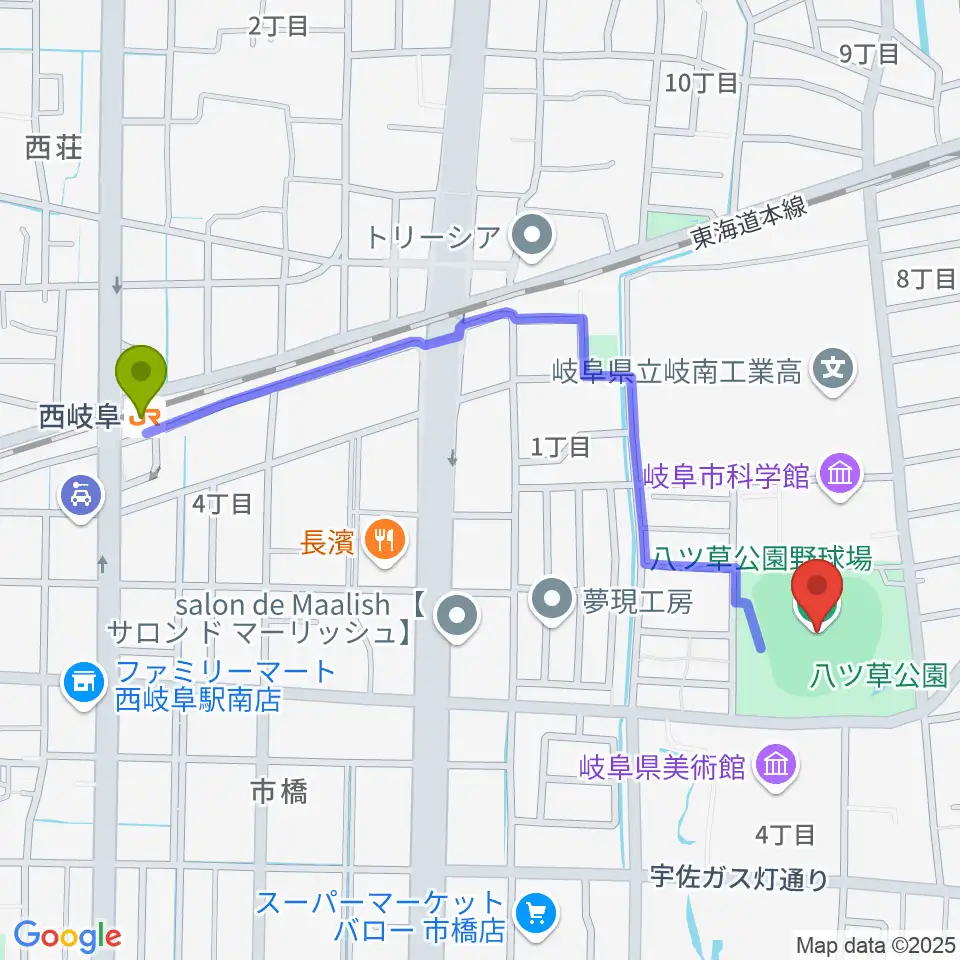 八ツ草公園野球場の最寄駅西岐阜駅からの徒歩ルート（約12分）地図