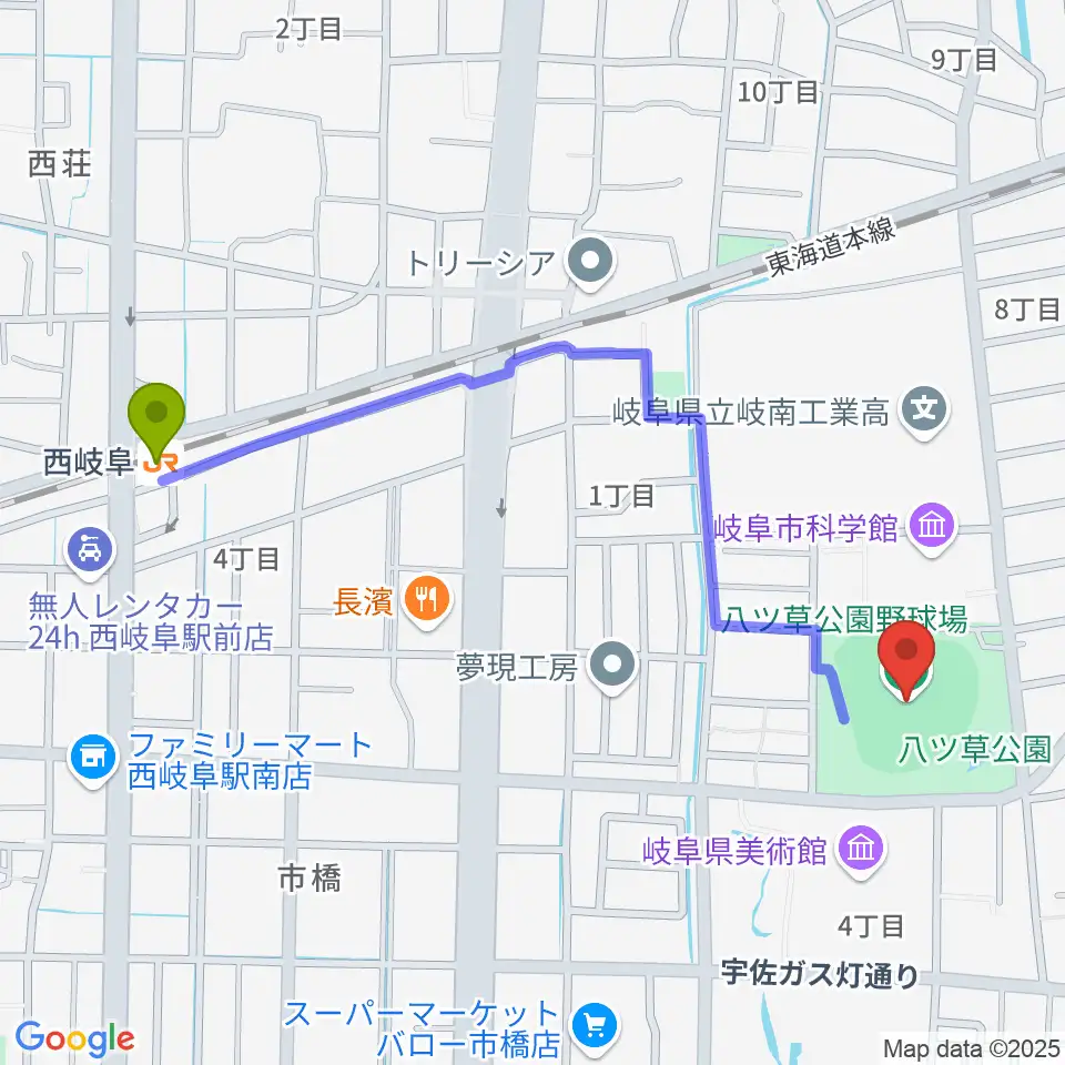 八ツ草公園野球場の最寄駅西岐阜駅からの徒歩ルート（約12分）地図