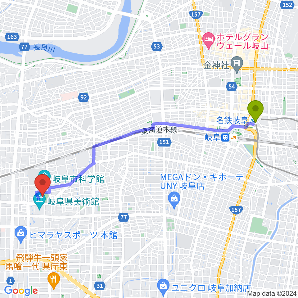 名鉄岐阜駅から八ツ草公園野球場へのルートマップ地図