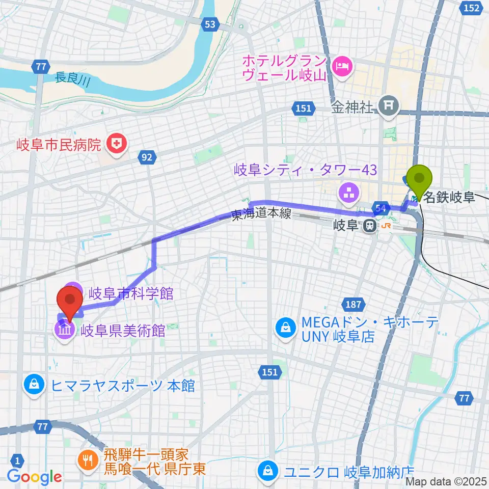 名鉄岐阜駅から八ツ草公園野球場へのルートマップ地図