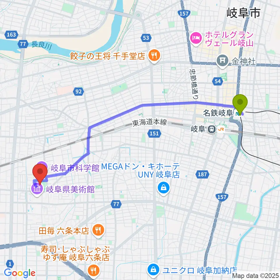 名鉄岐阜駅から八ツ草公園野球場へのルートマップ地図