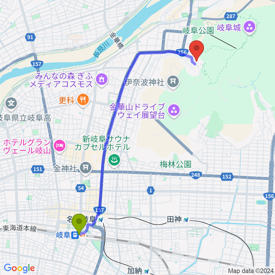 岐阜駅から岐阜県歴史資料館へのルートマップ地図