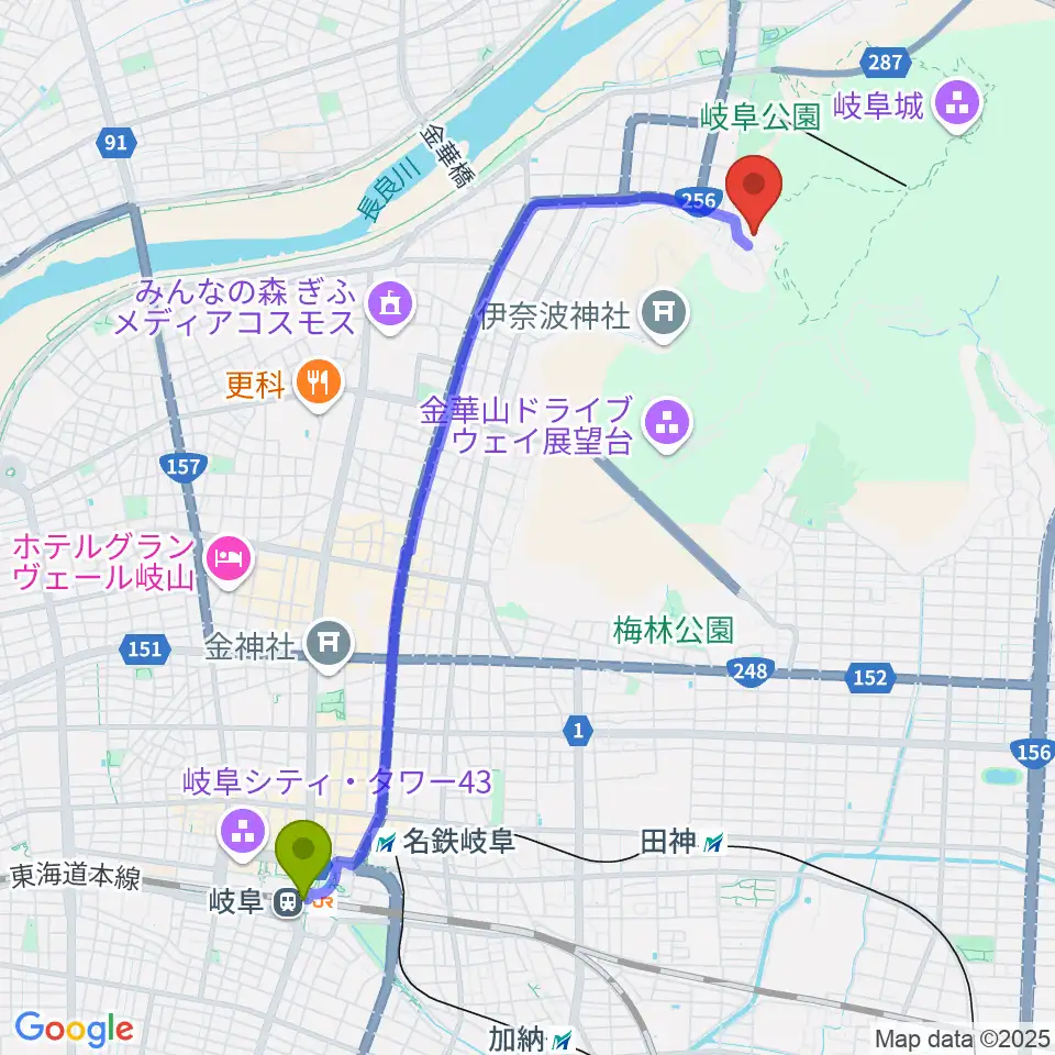 岐阜駅から岐阜県歴史資料館へのルートマップ地図