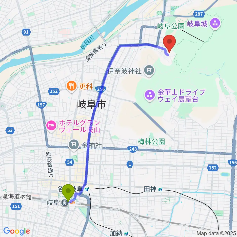 岐阜駅から岐阜県歴史資料館へのルートマップ地図