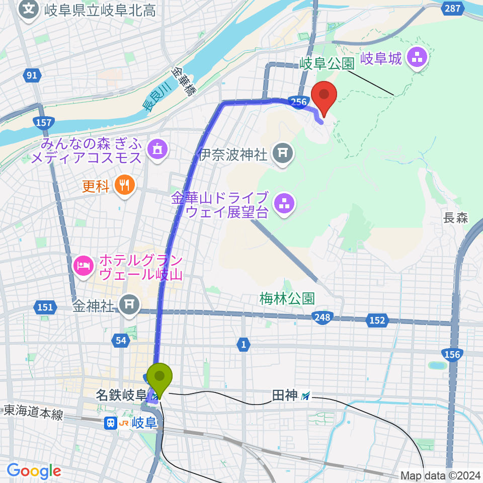 名鉄岐阜駅から岐阜県歴史資料館へのルートマップ地図