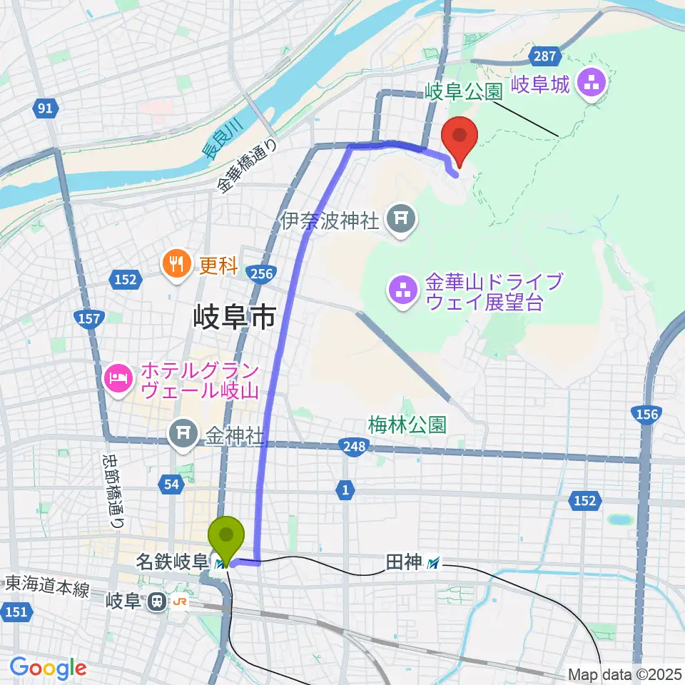 名鉄岐阜駅から岐阜県歴史資料館へのルートマップ地図