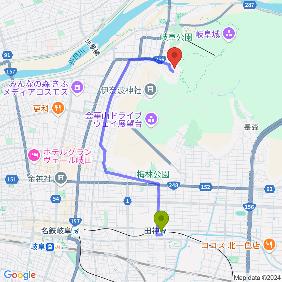 岐阜県歴史資料館の最寄駅田神駅からの徒歩ルート（約36分）地図