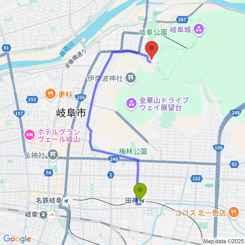 岐阜県歴史資料館の最寄駅田神駅からの徒歩ルート（約36分）地図