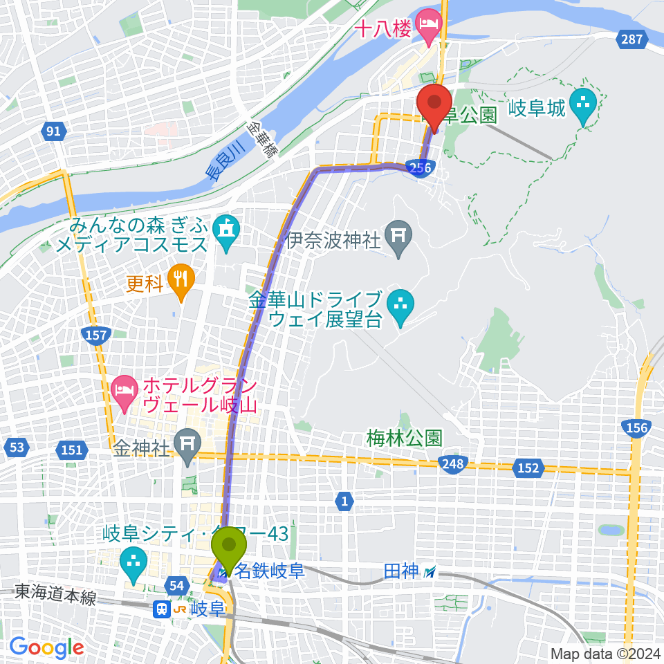 名鉄岐阜駅から岐阜市歴史博物館へのルートマップ地図