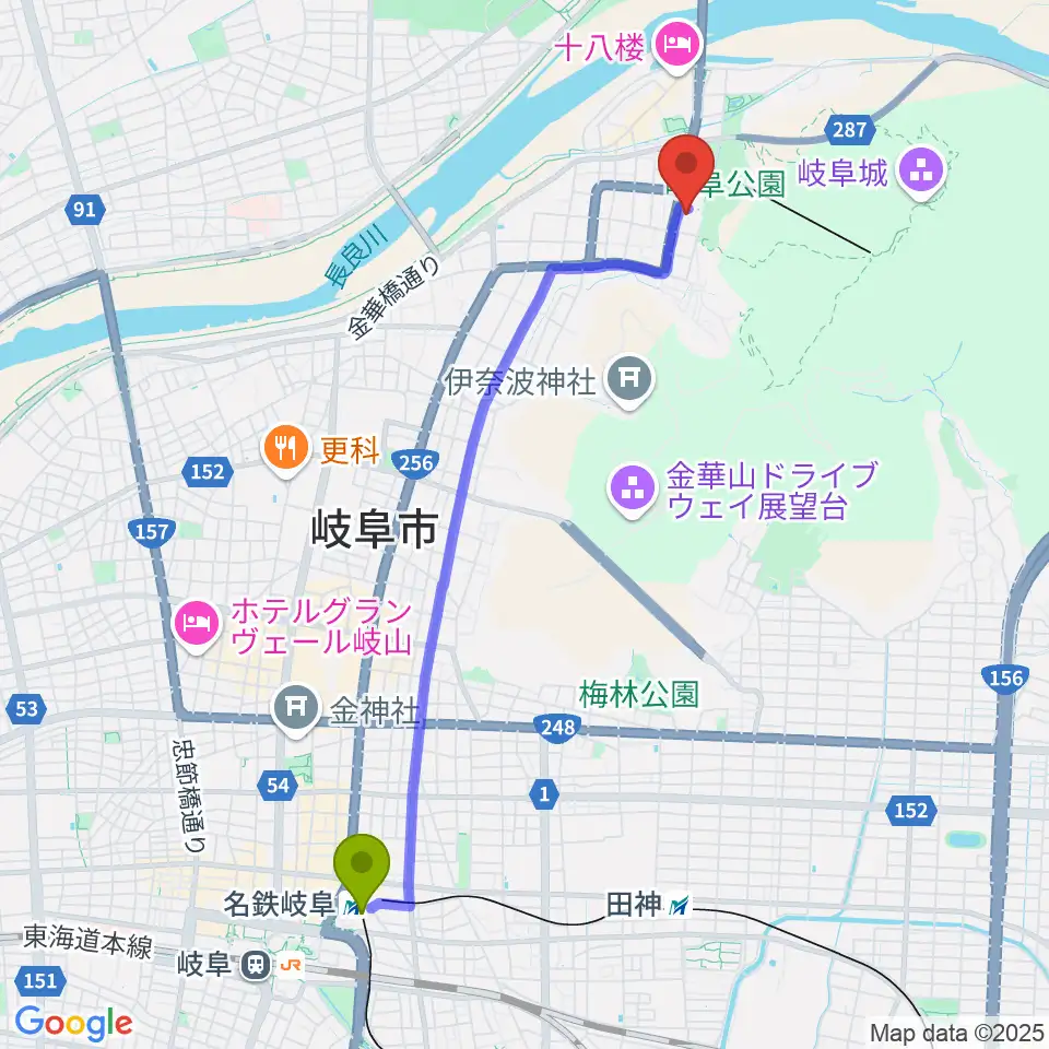 名鉄岐阜駅から岐阜市歴史博物館へのルートマップ地図